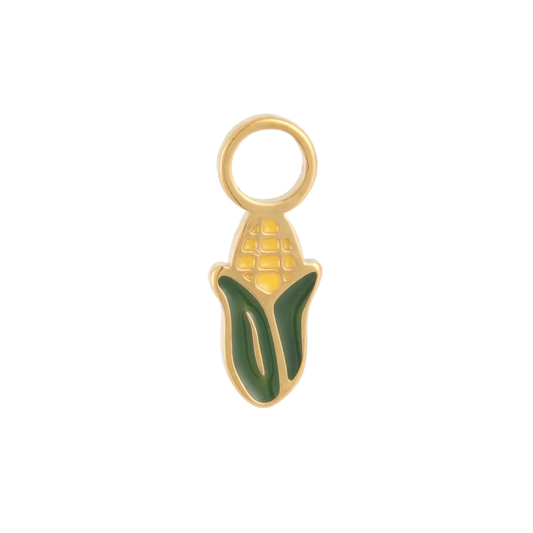 Gold, yellow, and green half-peeled corn ear hoop charm on a white background