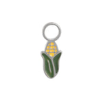 Titanium silver, yellow, and green half-peeled corn ear hoop charm on a white background