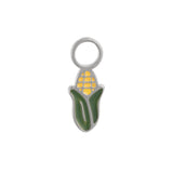 Titanium silver, yellow, and green half-peeled corn ear hoop charm on a white background
