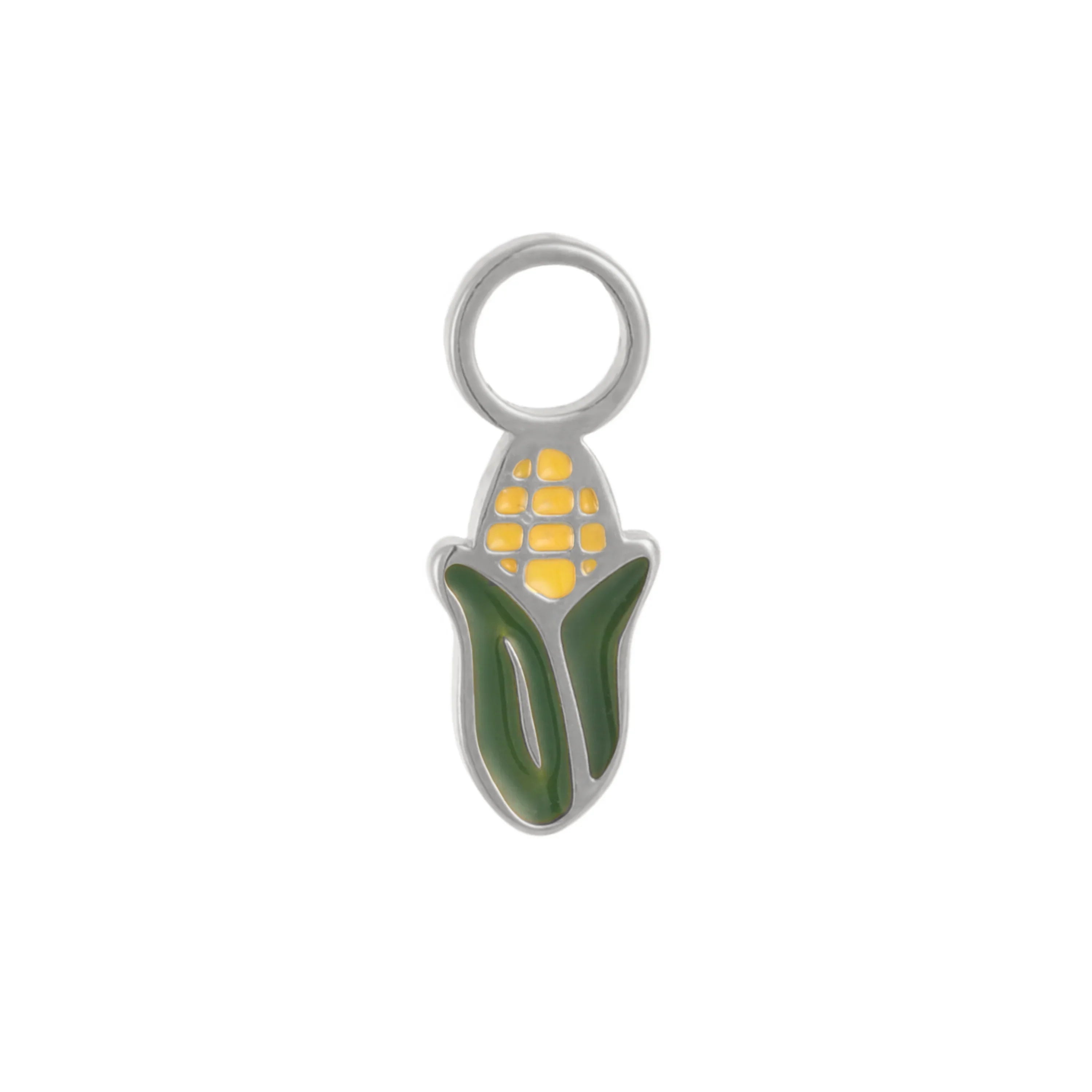 Titanium silver, yellow, and green half-peeled corn ear hoop charm on a white background
