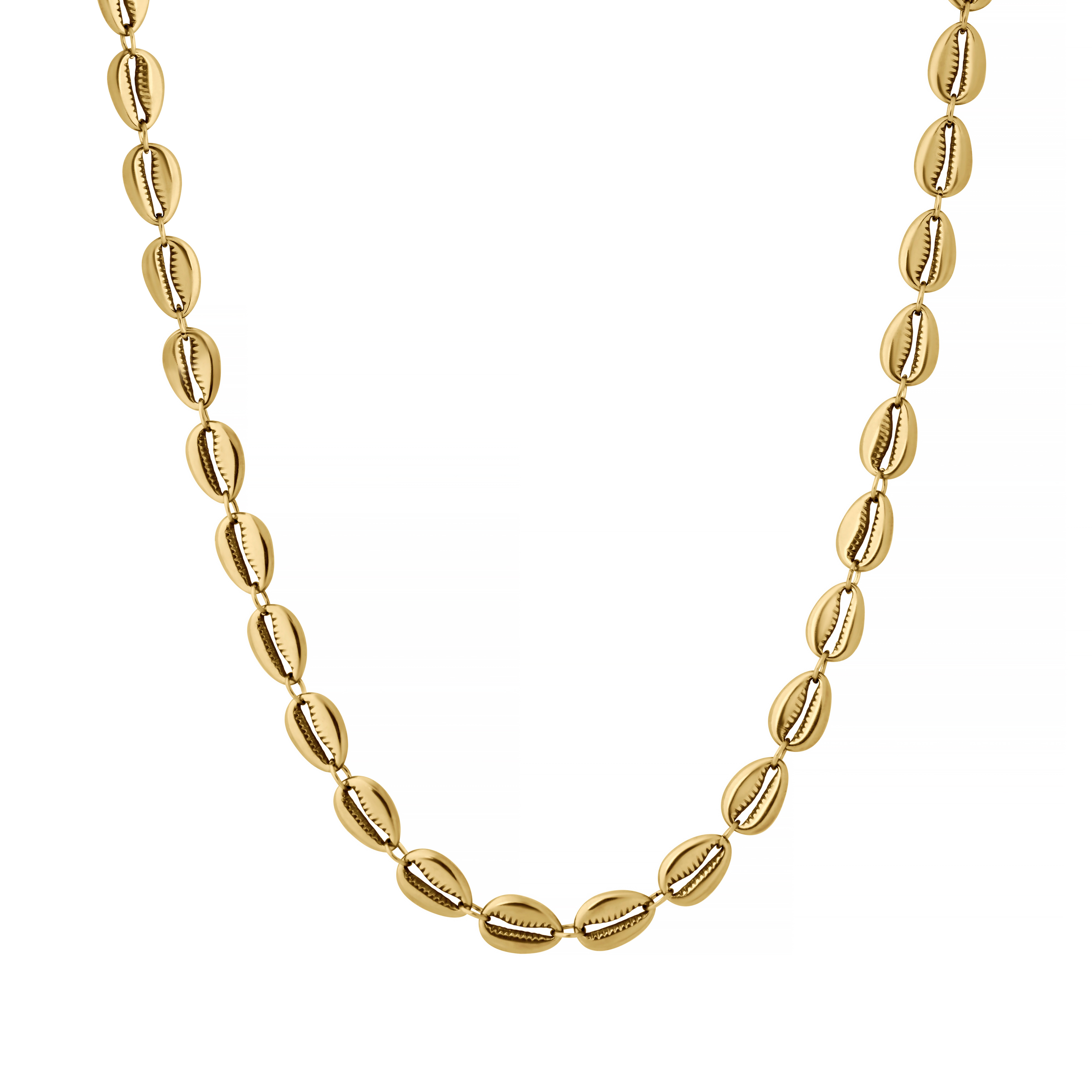 Gold necklace with cowrie-shell-like beads on a white background
