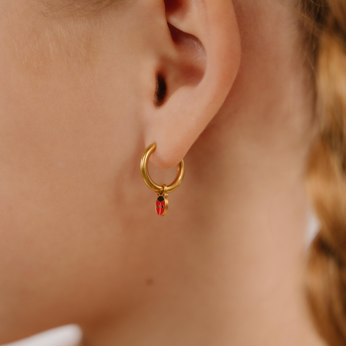 A close up of a ladybug shaped hoop charm with red and black enamel and gold-plated titanium metal hanging from a hoop earring.
