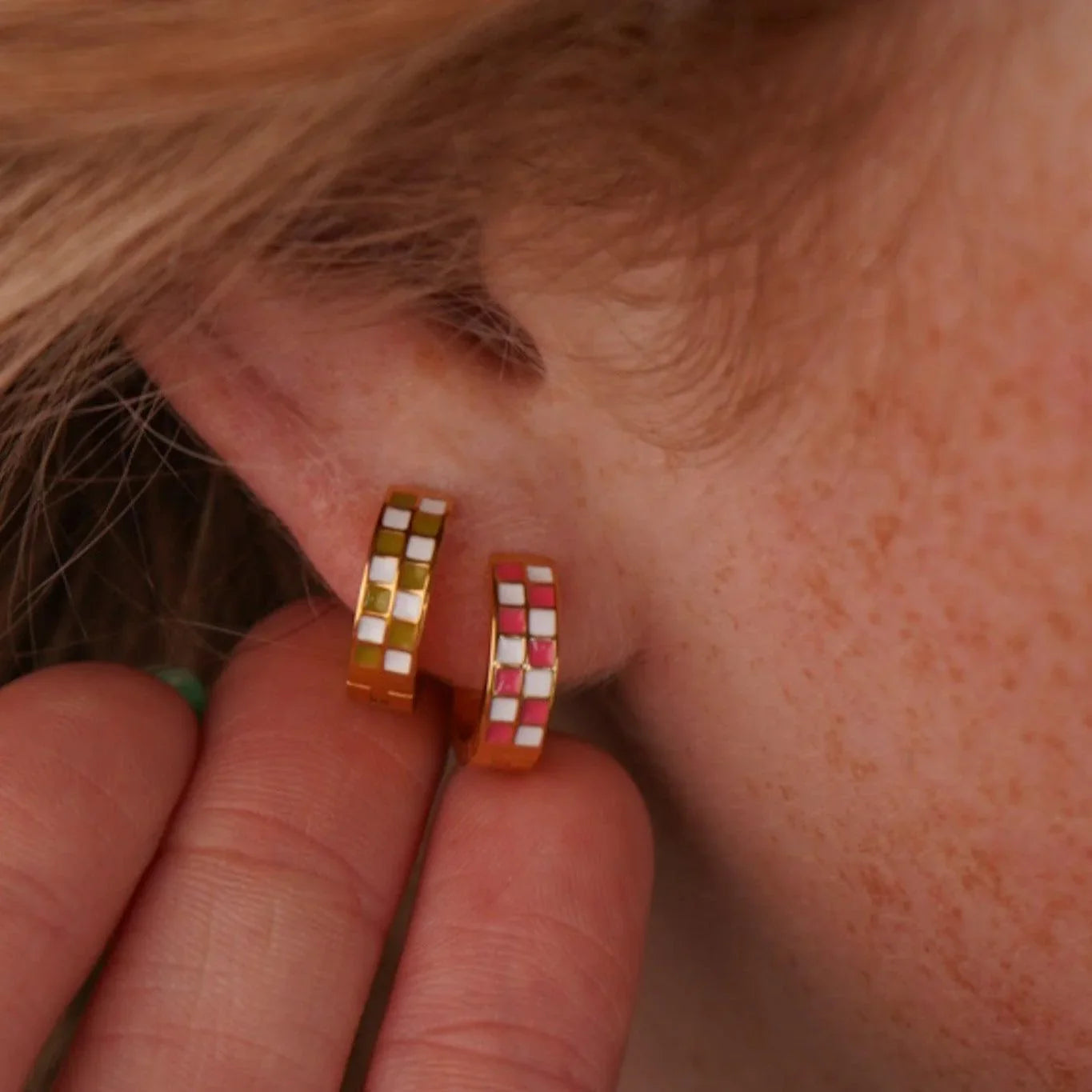 Green Checker Titanium Hoops