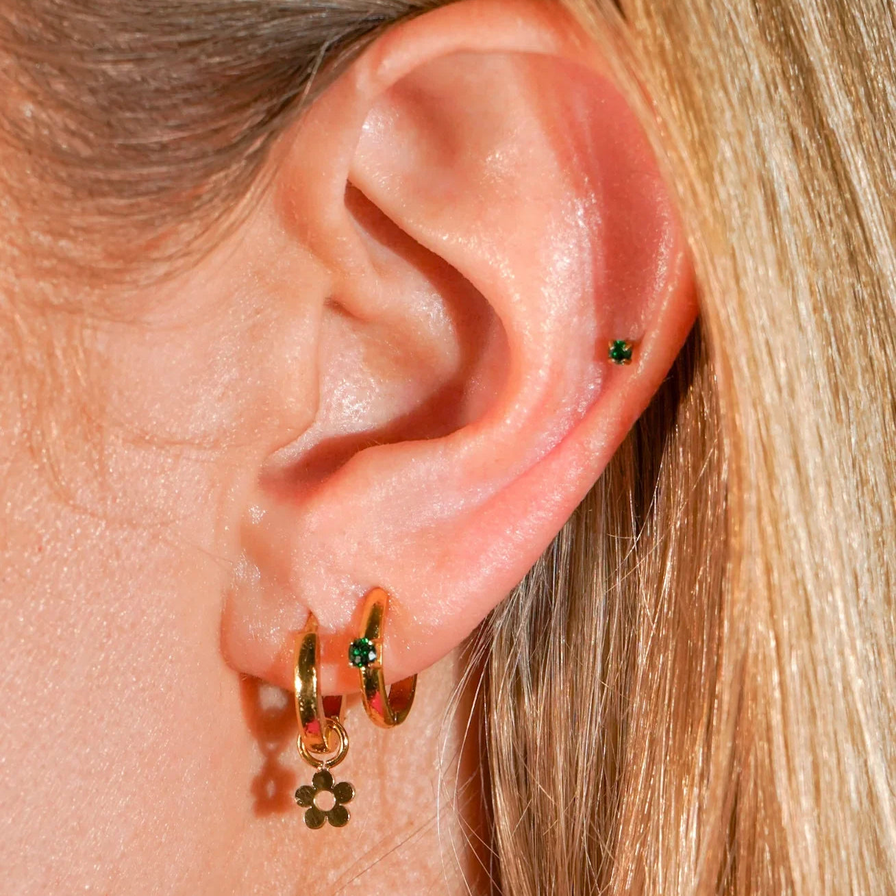 Titanium Solitaire Hoops - Emerald Green