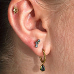 Close-up of an ear with gold and green earrings.