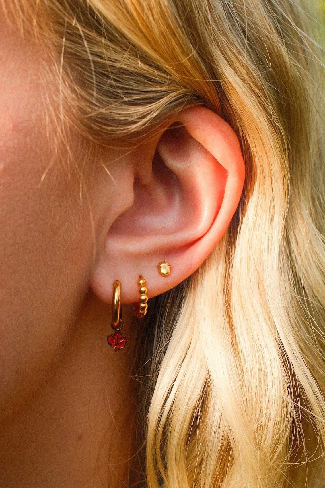 Close-up of an ear with gold hoop earrings and a red earring.