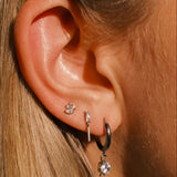 Close-up of an ear with multiple earrings against a blurred background