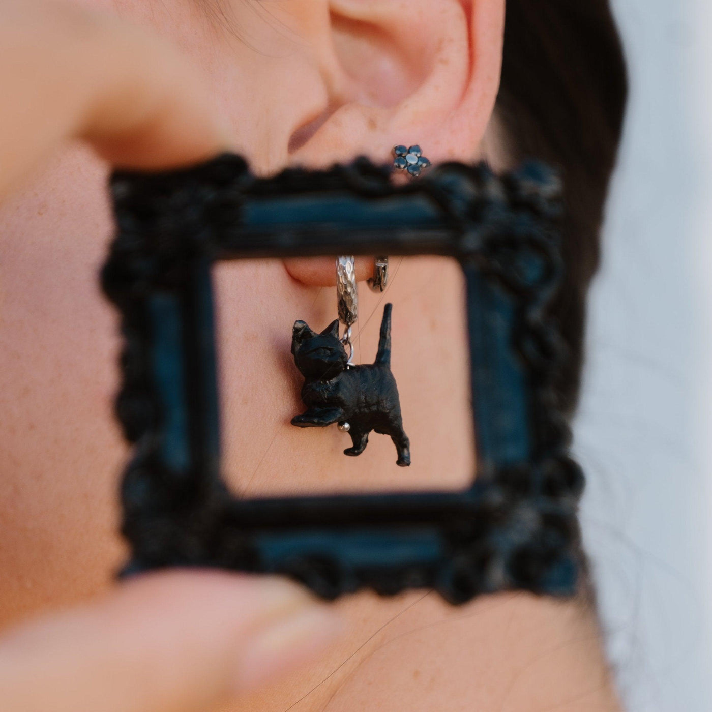 Black Cat Charm Hoops