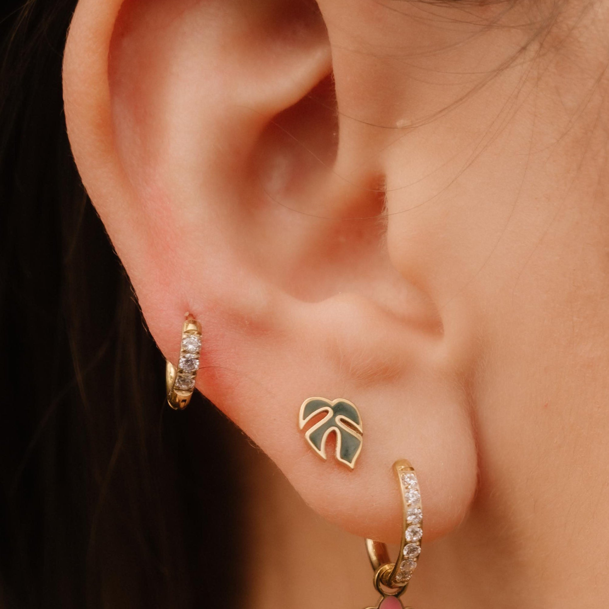 Mini Monstera Enamel Flat Back Stud