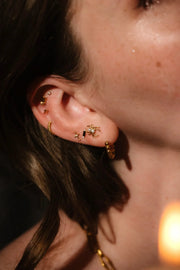 Close-up of an ear with gold earrings against a blurred background