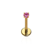 A single 18k gold PVD plated ASTM F136 implant grade titanium push-pin flat back stud with a pink zirconia stone, displayed against a white background.