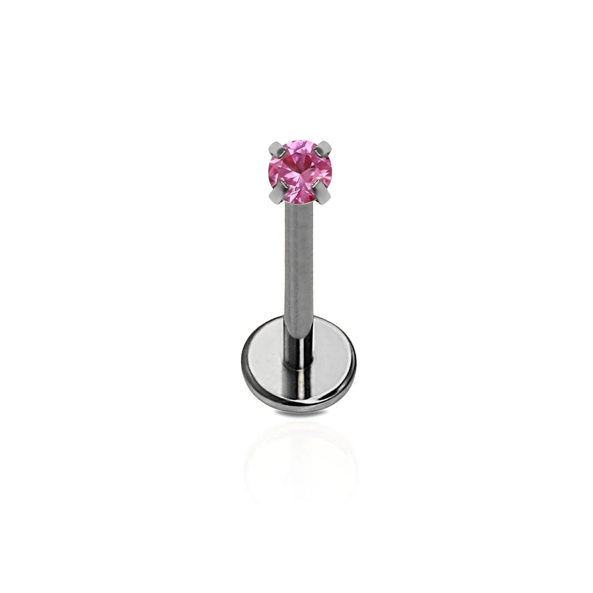 A single ASTM F136 implant grade titanium push-pin flat back stud with a pink zirconia stone, displayed against a white background.
