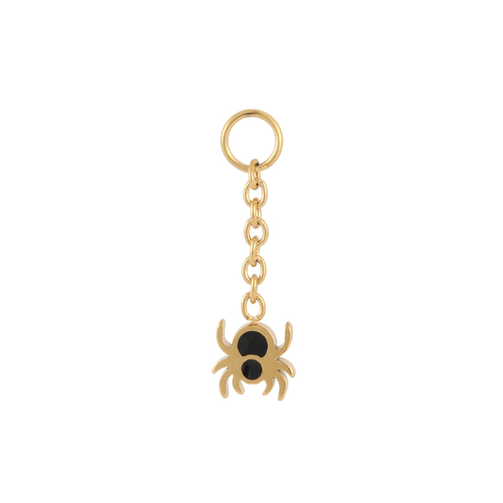 Gold hoop charm that has a black enamel spider dangling at the end of a gold chain.