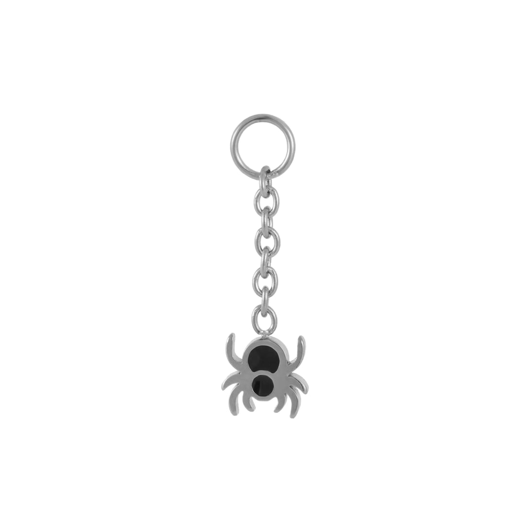 Silver hoop charm that has a black enamel spider dangling at the end of a silver chain.
