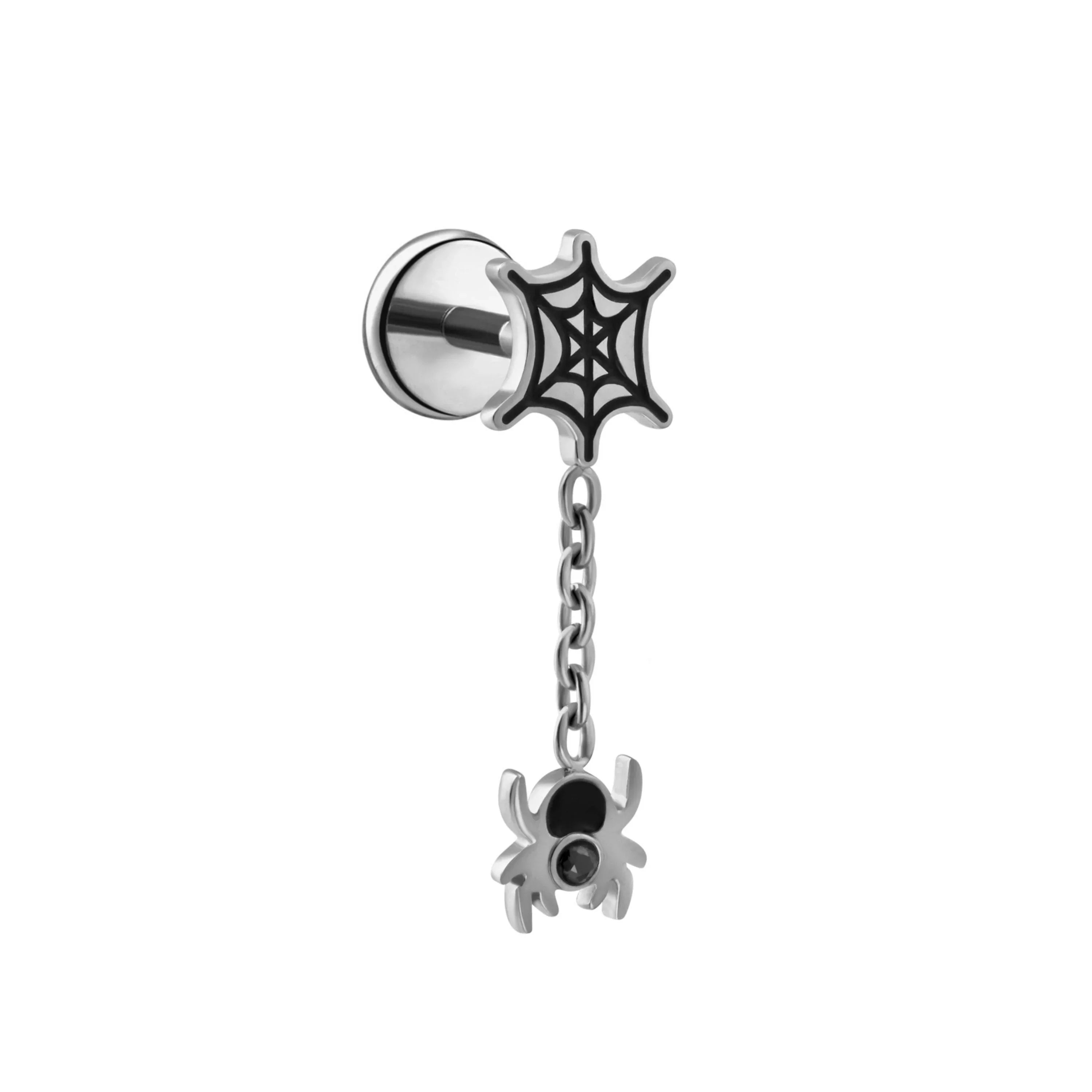 Silver flat back stud earring with spider web and dangling spider design on a white background