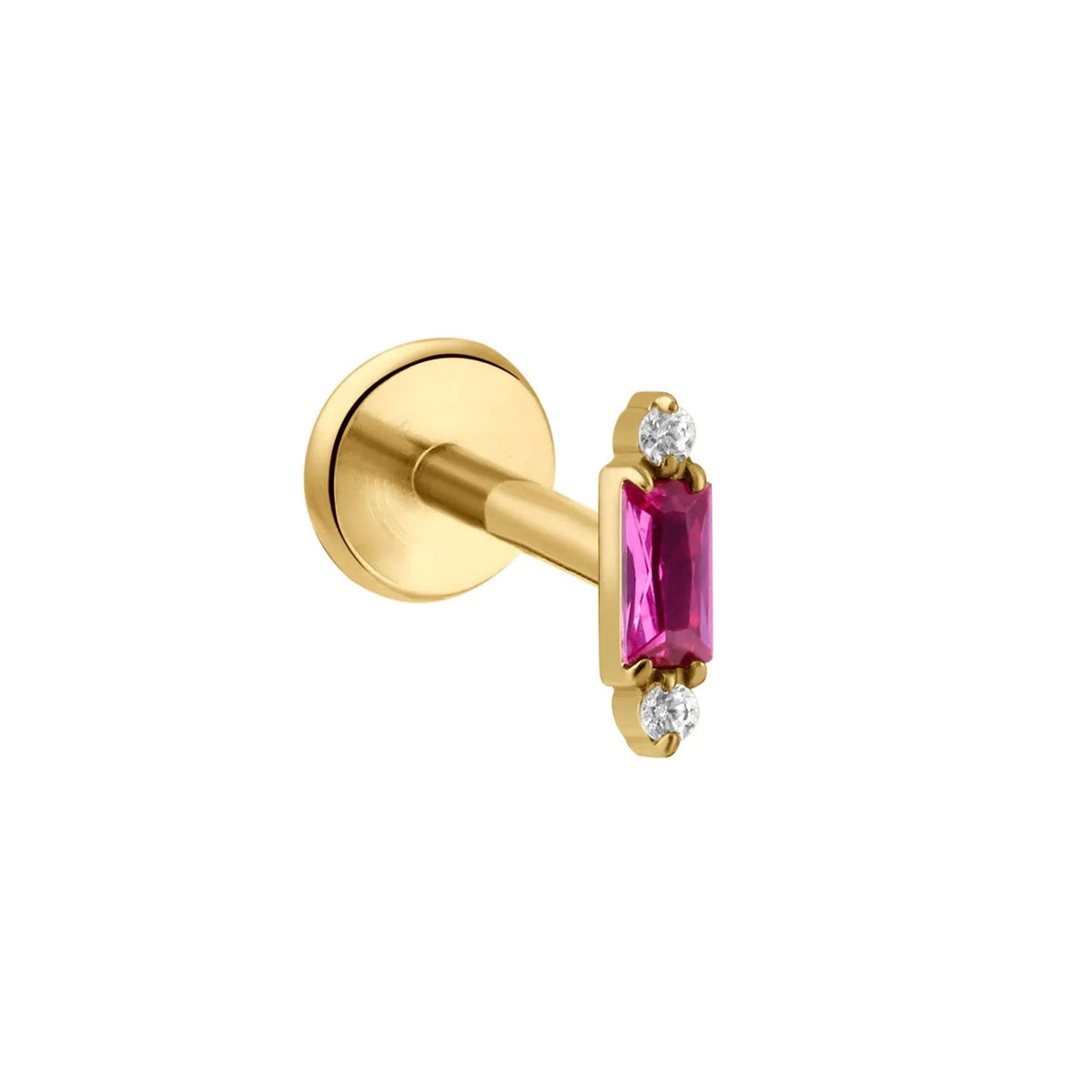 Gold flat back stud earring with a pink gemstone on a white background