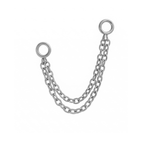 Close up of an earring accessory that features two layered chains attached to small rings at both ends of the chain. Called connector chains, these accessories are design to link with another earring, like a flat back stud, via the small rings. Made from 316L Surgical Steel.