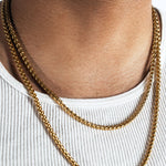 A close-up of a man wearing a layered gold chain necklace over a white ribbed tank top, with a white background.