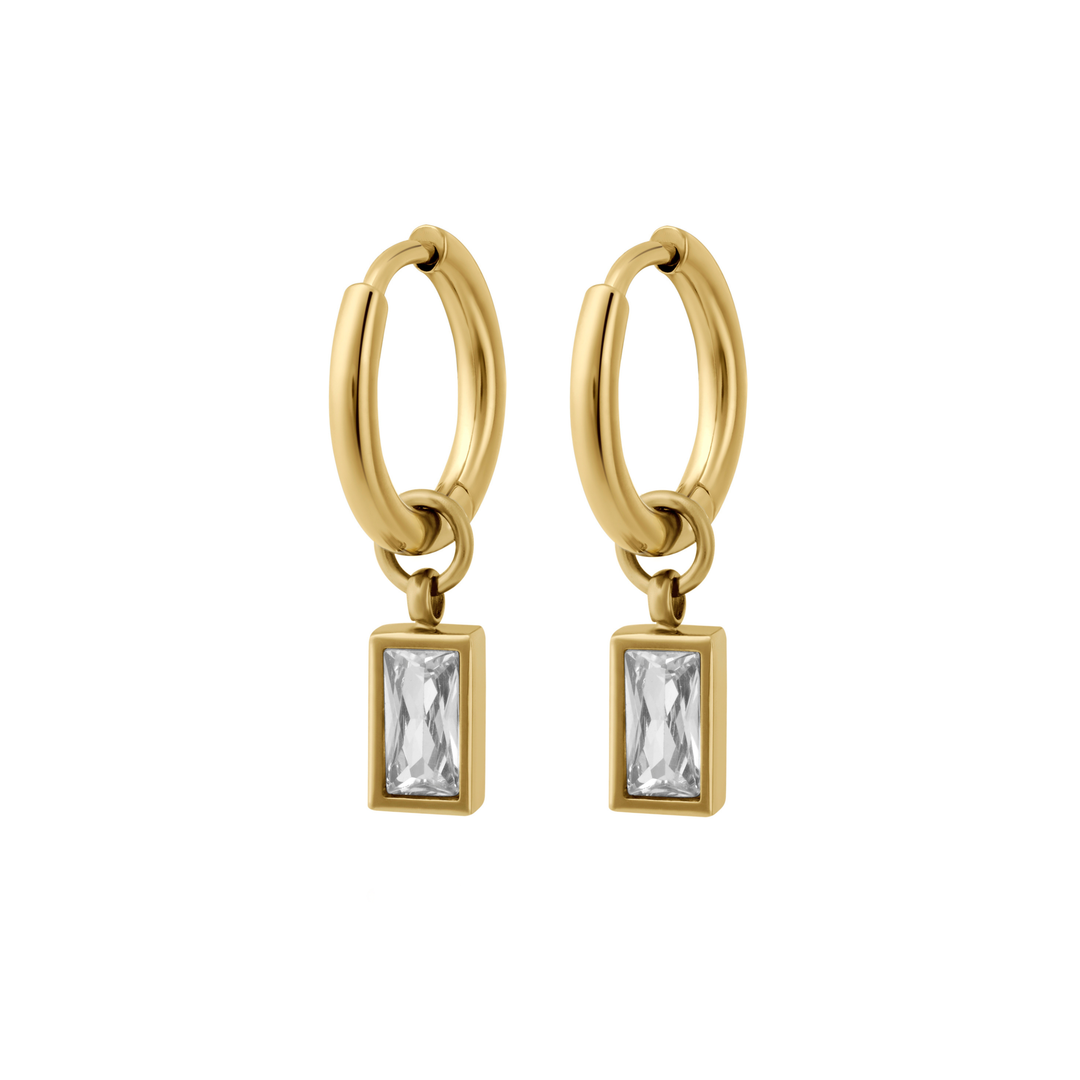 Gold hoop earrings with rectangular gemstones on a white background