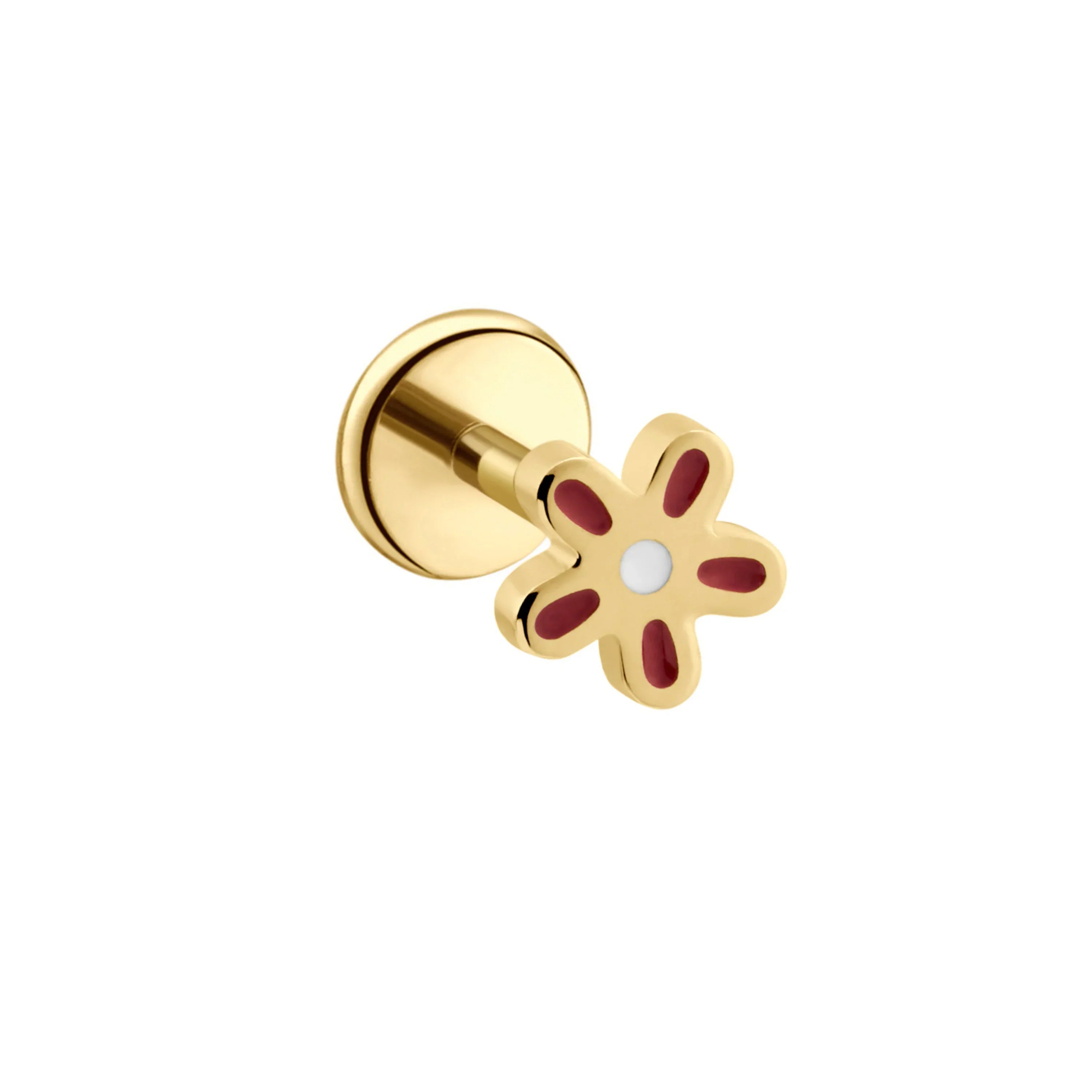 Gold, white, and burgundy red flower-shaped flat back stud on a white background