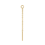 Close up on an earring accessory that features a thin chain with a small ring at one end, and a small rod at the other. The ring is is designed to link with another earring, like a hoop or a flat back stud, and the chain and rod are designed to thread through another peircing, or hang like a charm. Made from 316L Surgical steel and finished with 18k Gold PVD plating. 