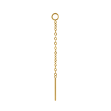 Close up on an earring accessory that features a thin chain with a small ring at one end, and a small rod at the other. The ring is is designed to link with another earring, like a hoop or a flat back stud, and the chain and rod are designed to thread through another peircing, or hang like a charm. Made from 316L Surgical steel and finished with 18k Gold PVD plating. 