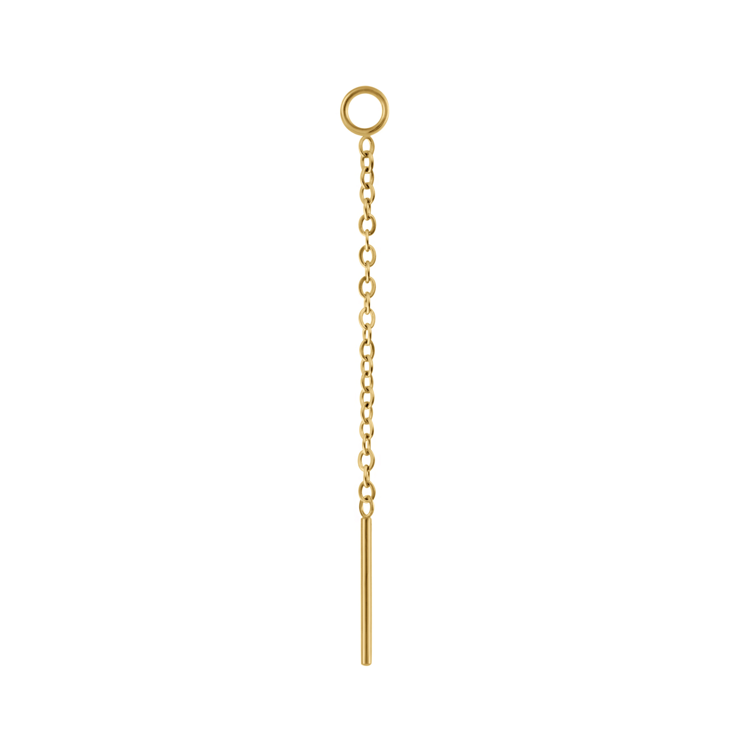 Close up on an earring accessory that features a thin chain with a small ring at one end, and a small rod at the other. The ring is is designed to link with another earring, like a hoop or a flat back stud, and the chain and rod are designed to thread through another peircing, or hang like a charm. Made from 316L Surgical steel and finished with 18k Gold PVD plating. 