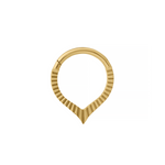 A gold daith or septum hoop ring with a textured, fluted outer band and a pointed V-shaped bottom, shown on a plain white background.