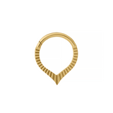 A gold daith or septum hoop ring with a textured, fluted outer band and a pointed V-shaped bottom, shown on a plain white background.