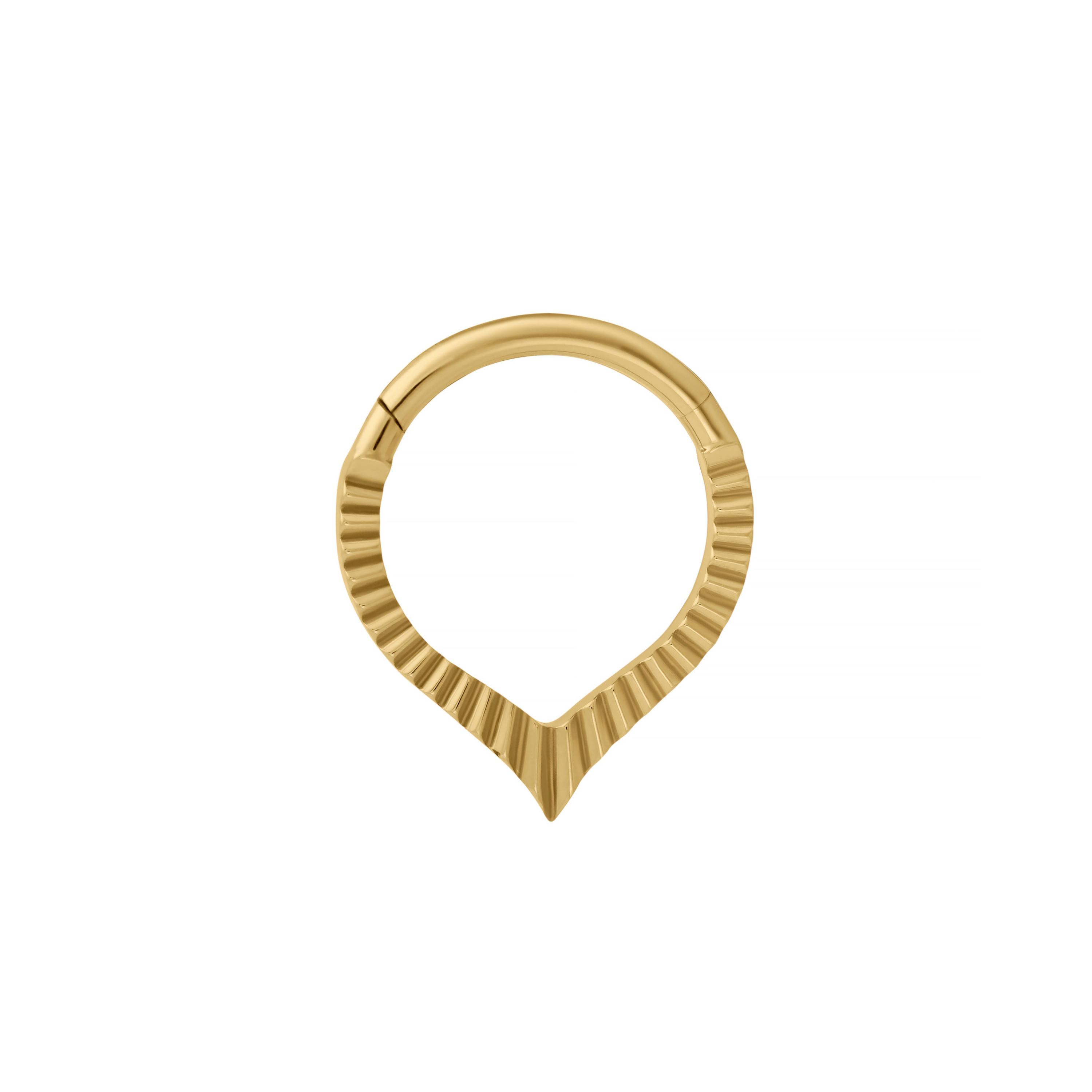 A gold daith or septum hoop ring with a textured, fluted outer band and a pointed V-shaped bottom, shown on a plain white background.