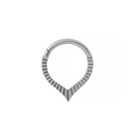 A silver daith or septum hoop ring with a textured, fluted outer band and a pointed V-shaped bottom, shown on a plain white background.