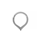 A silver daith or septum hoop ring with a textured, fluted outer band and a pointed V-shaped bottom, shown on a plain white background.