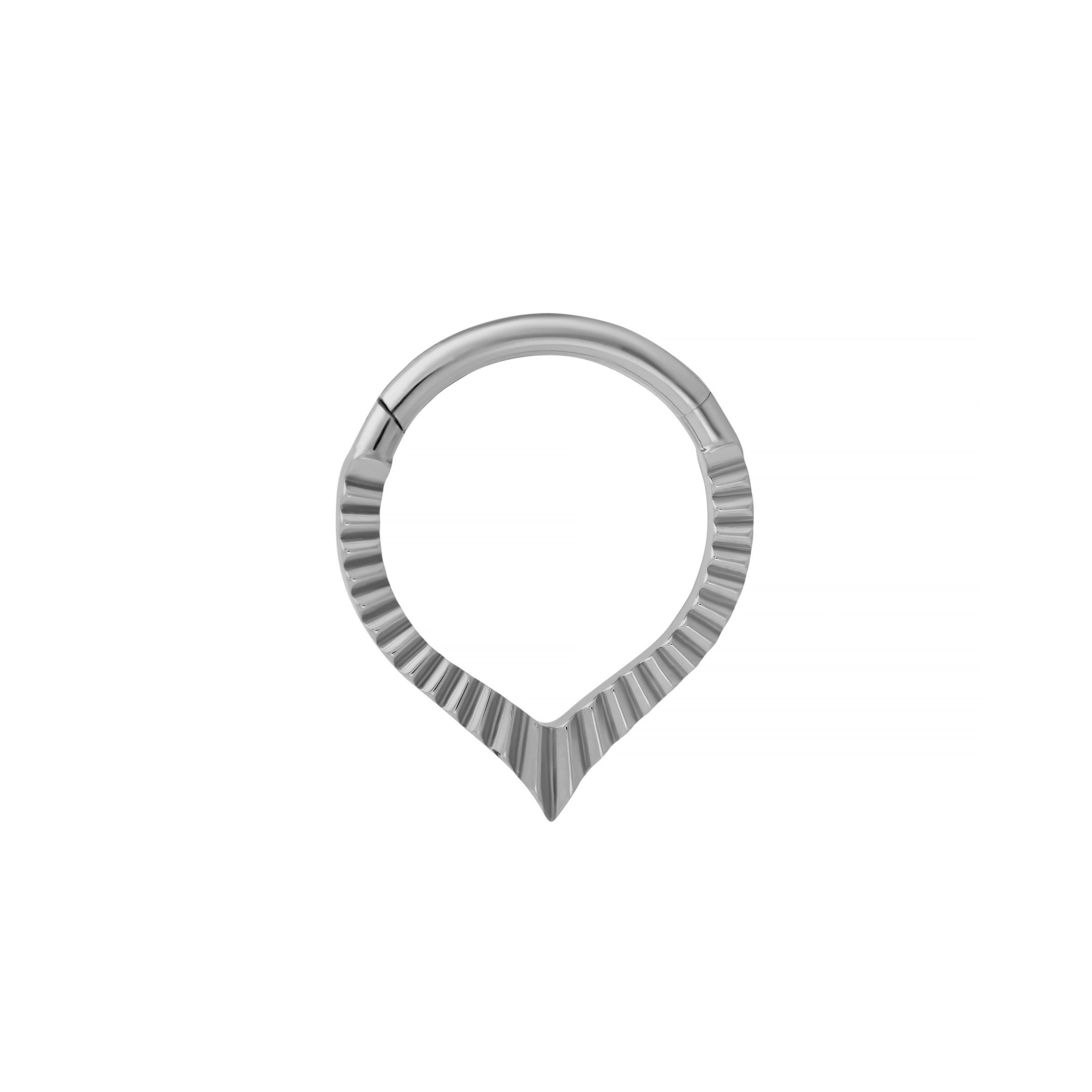 A silver daith or septum hoop ring with a textured, fluted outer band and a pointed V-shaped bottom, shown on a plain white background.