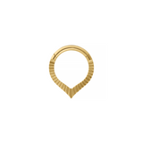 A gold daith or septum hoop ring with a textured, fluted outer band and a pointed V-shaped bottom, shown on a plain white background.