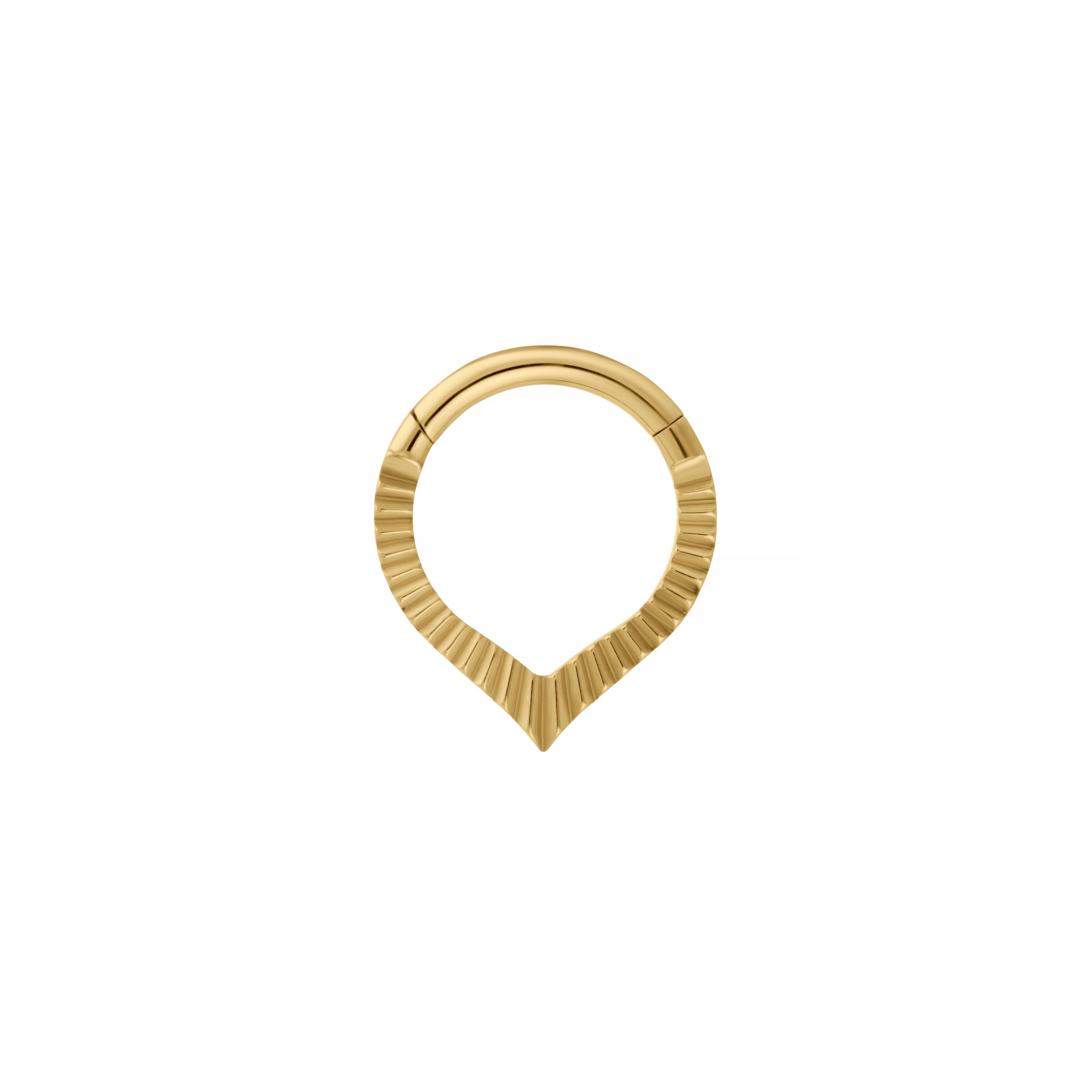 A gold daith or septum hoop ring with a textured, fluted outer band and a pointed V-shaped bottom, shown on a plain white background.