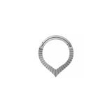A silver daith or septum hoop ring with a textured, fluted outer band and a pointed V-shaped bottom, shown on a plain white background.