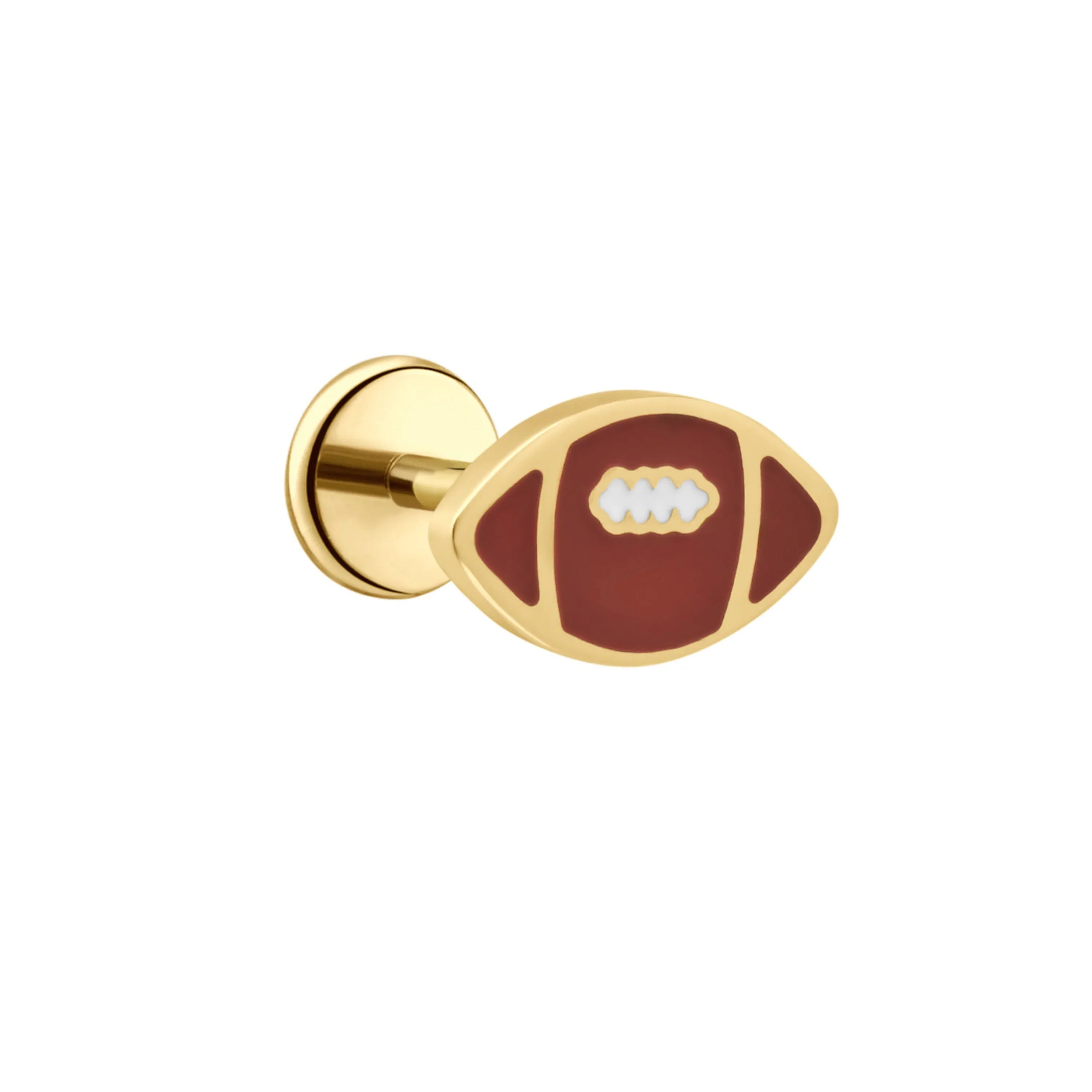 Gold-plated earring shaped like a football on a white background