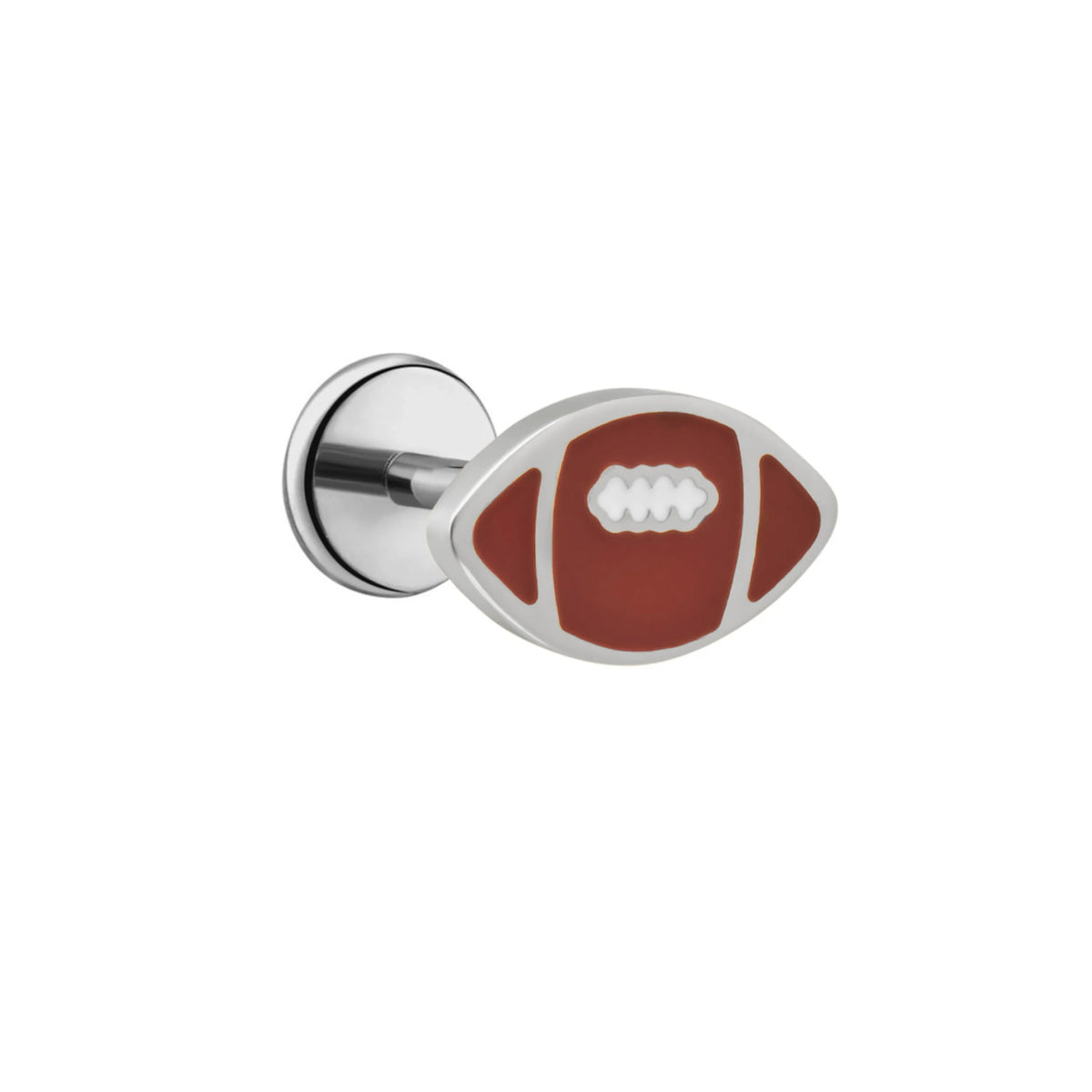 Silver titanium and brown enamel football-shaped flat back stud earring on a white background