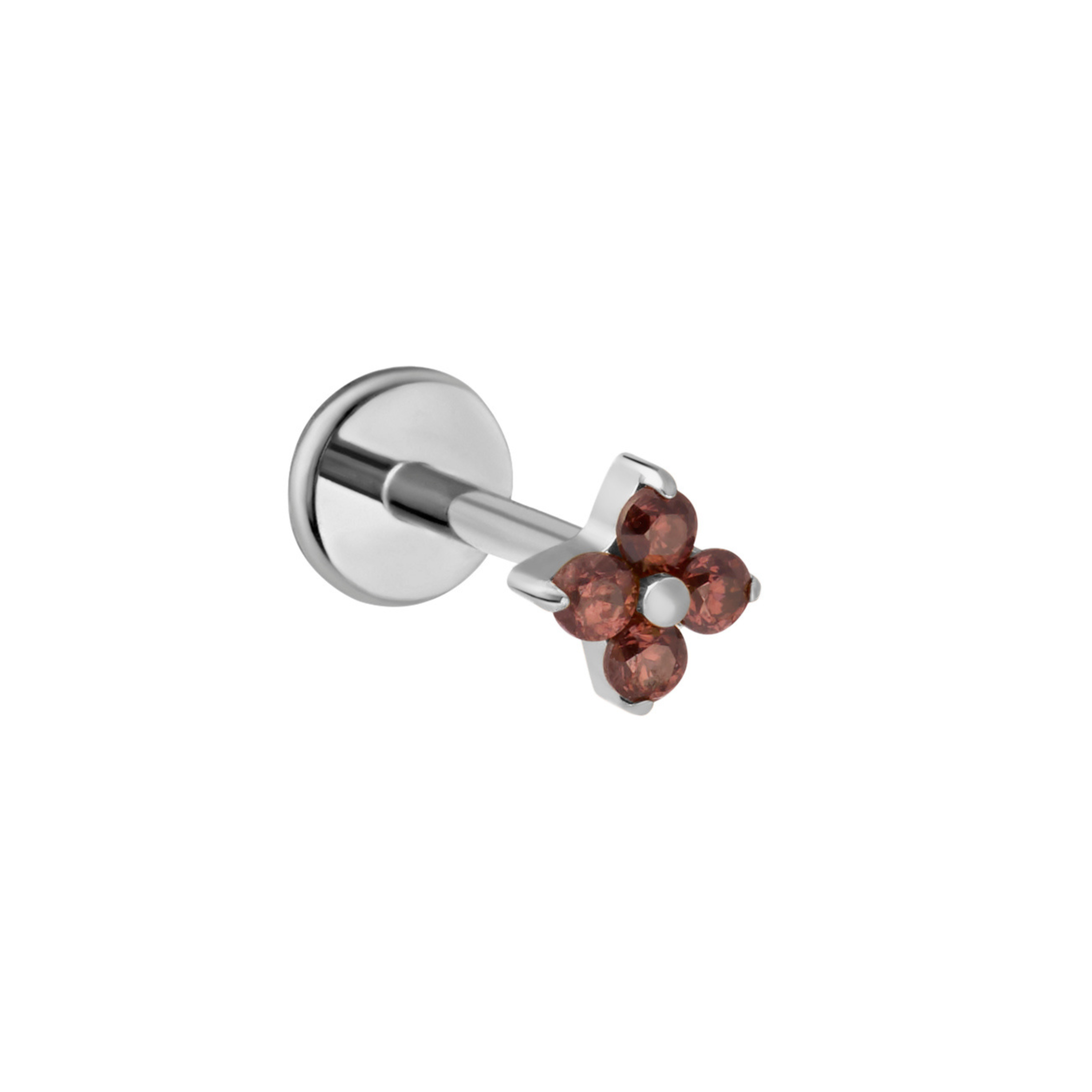 A titanium silver flat-back labret stud earring featuring a five-petal flower design with faceted brown gemstones and a silver center ball, shown on a plain white background.