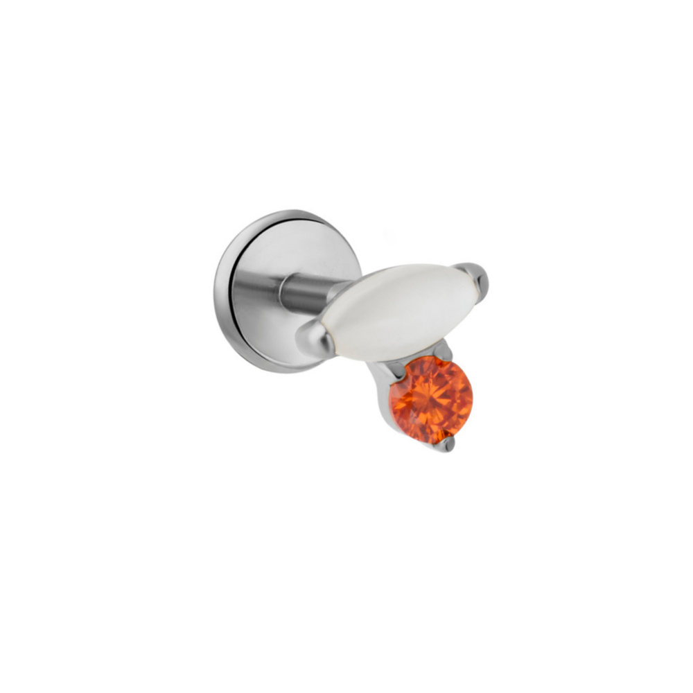 A titanium silver flat back stud with a white oval gem and a round orange gem, shown against a plain white background.
