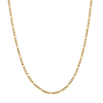 A 3mm-wide gold Figaro chain necklace displayed in a U-shape against a solid white background.