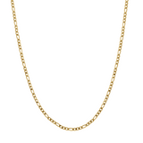 A 3mm-wide gold Figaro chain necklace displayed in a U-shape against a solid white background.