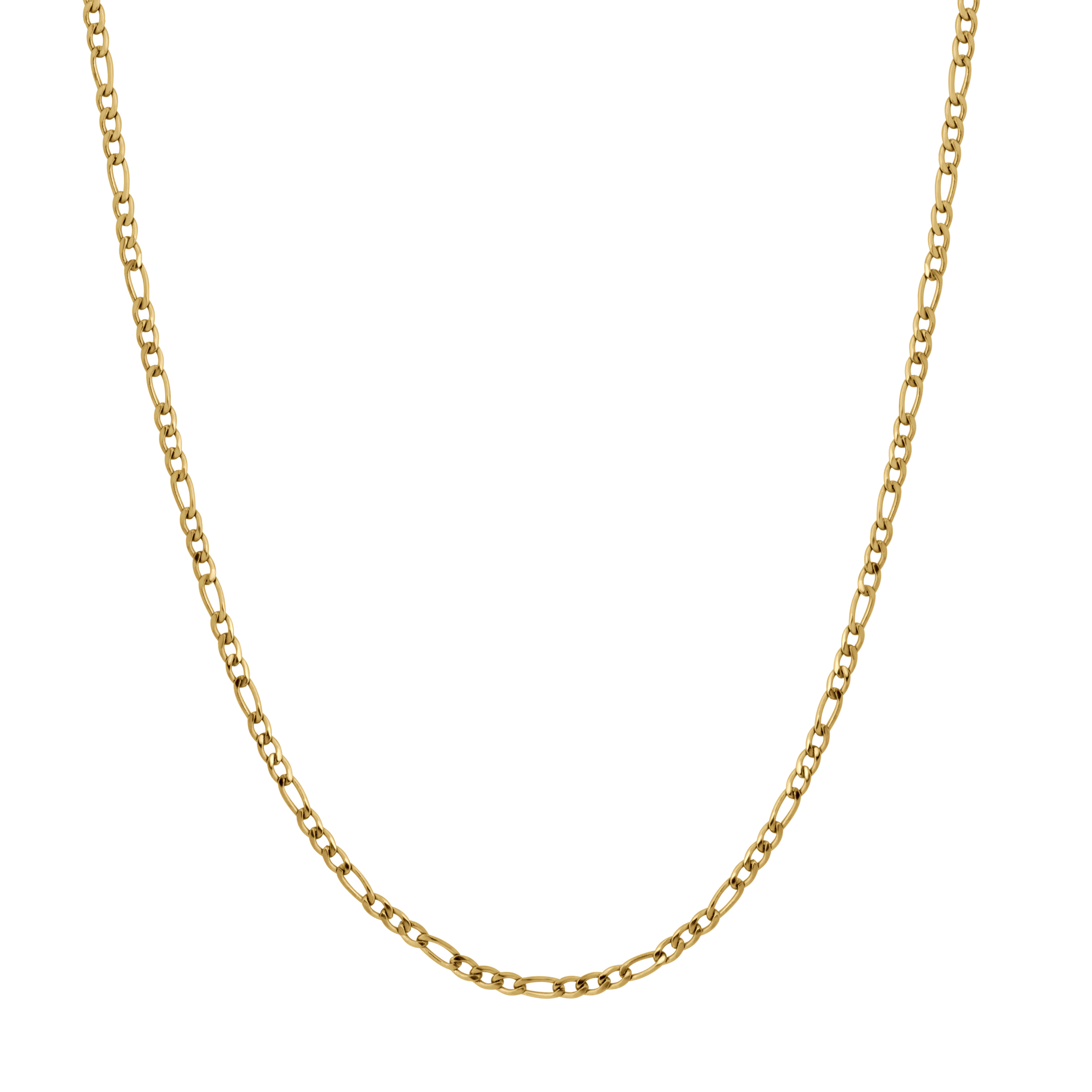 A 3mm-wide gold Figaro chain necklace displayed in a U-shape against a solid white background.