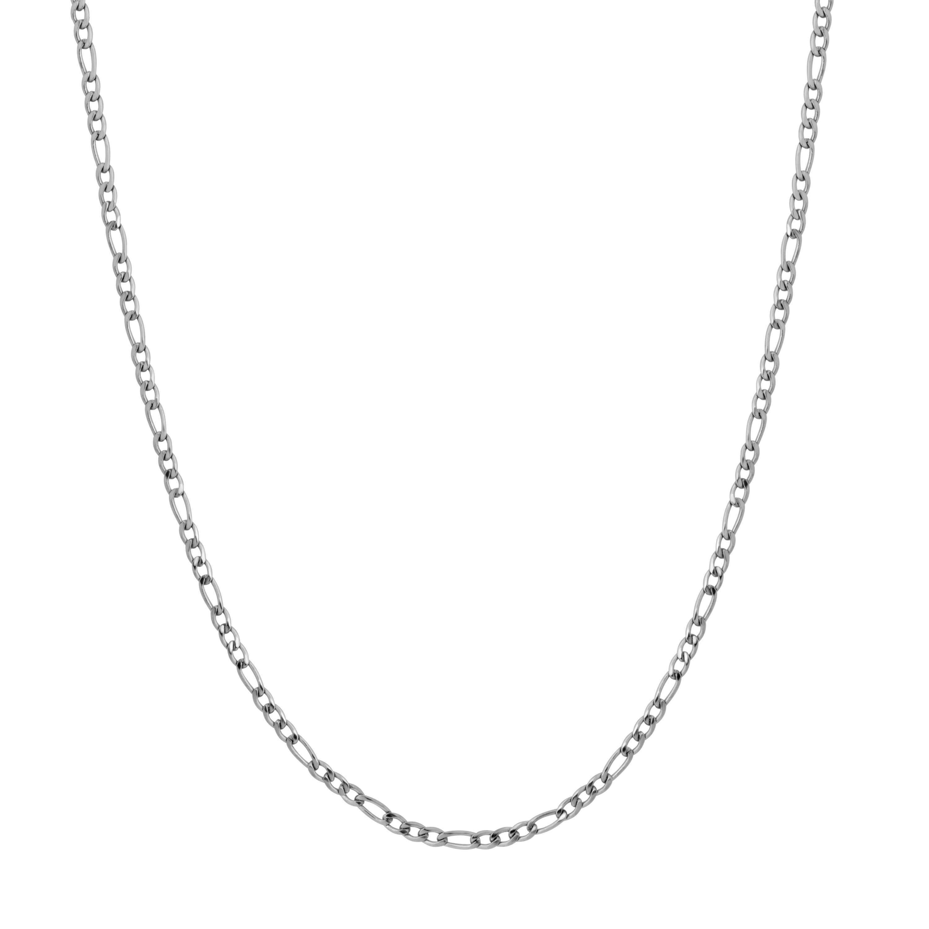 A 3mm-wide silver Figaro chain necklace displayed in a U-shape against a solid white background.