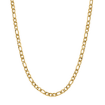 A 5mm-wide gold Figaro chain necklace displayed in a U-shape against a solid white background.