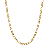 A 5mm-wide gold Figaro chain necklace displayed in a U-shape against a solid white background.