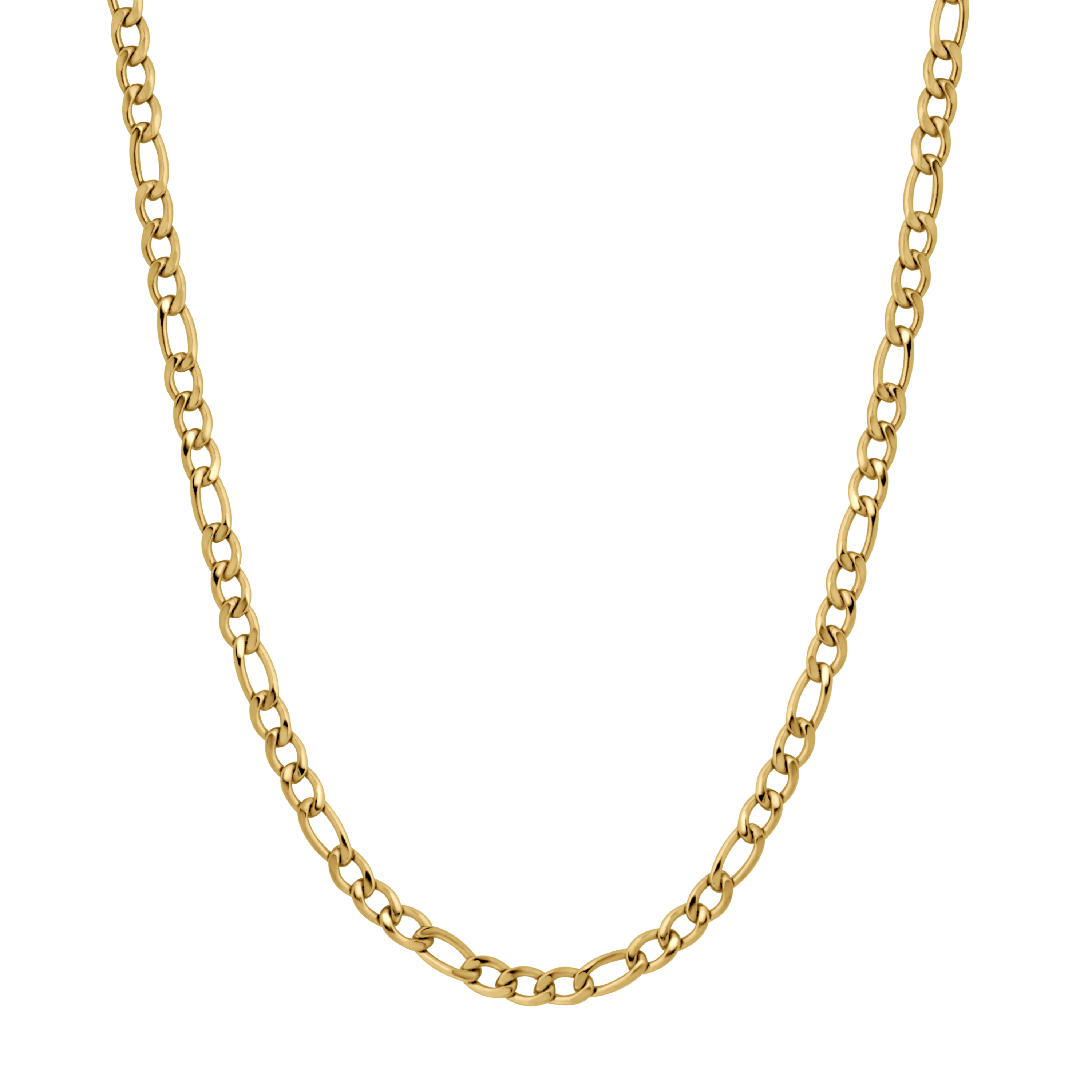 A 5mm-wide gold Figaro chain necklace displayed in a U-shape against a solid white background.