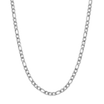 A 5mm-wide silver Figaro chain necklace displayed in a U-shape against a solid white background.