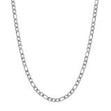 A 5mm-wide silver Figaro chain necklace displayed in a U-shape against a solid white background.