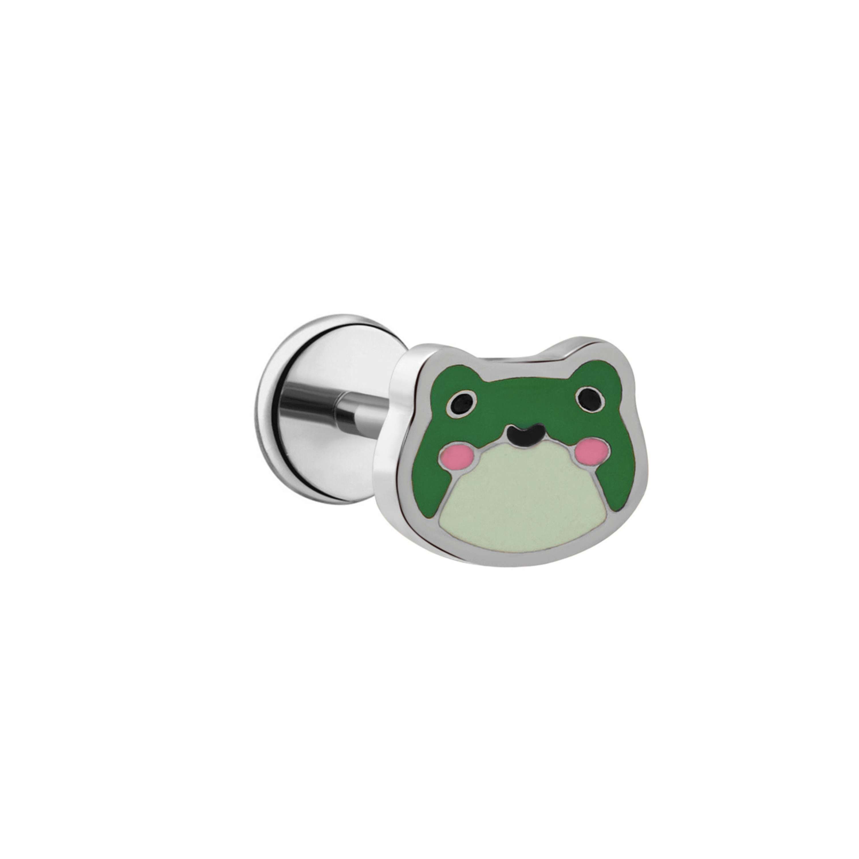 A close up of a frog shaped flat back stud with green enamel and titanium metal.